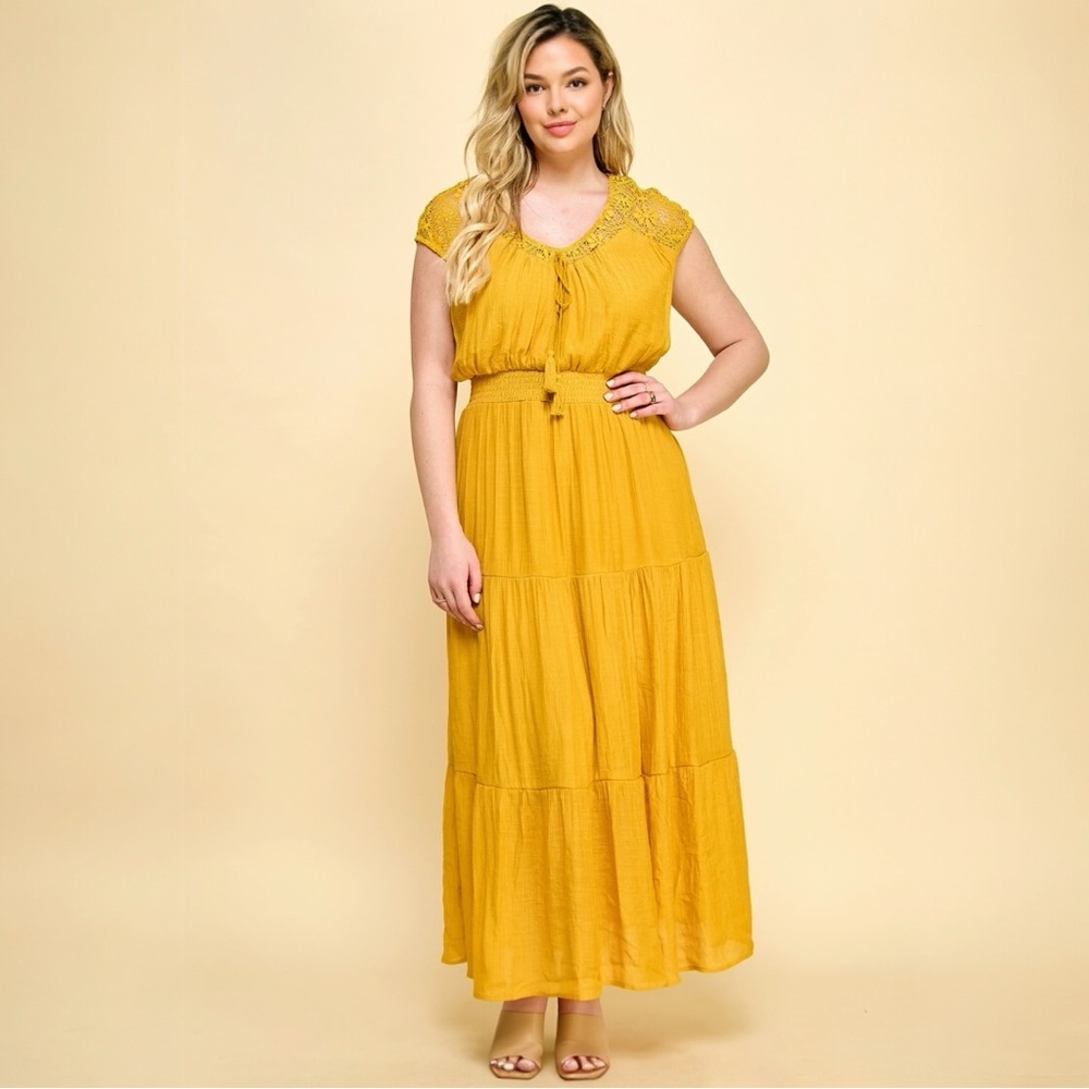 NEW Plus Size Lace Smocked Waist Tier Maxi in Yellow 1X